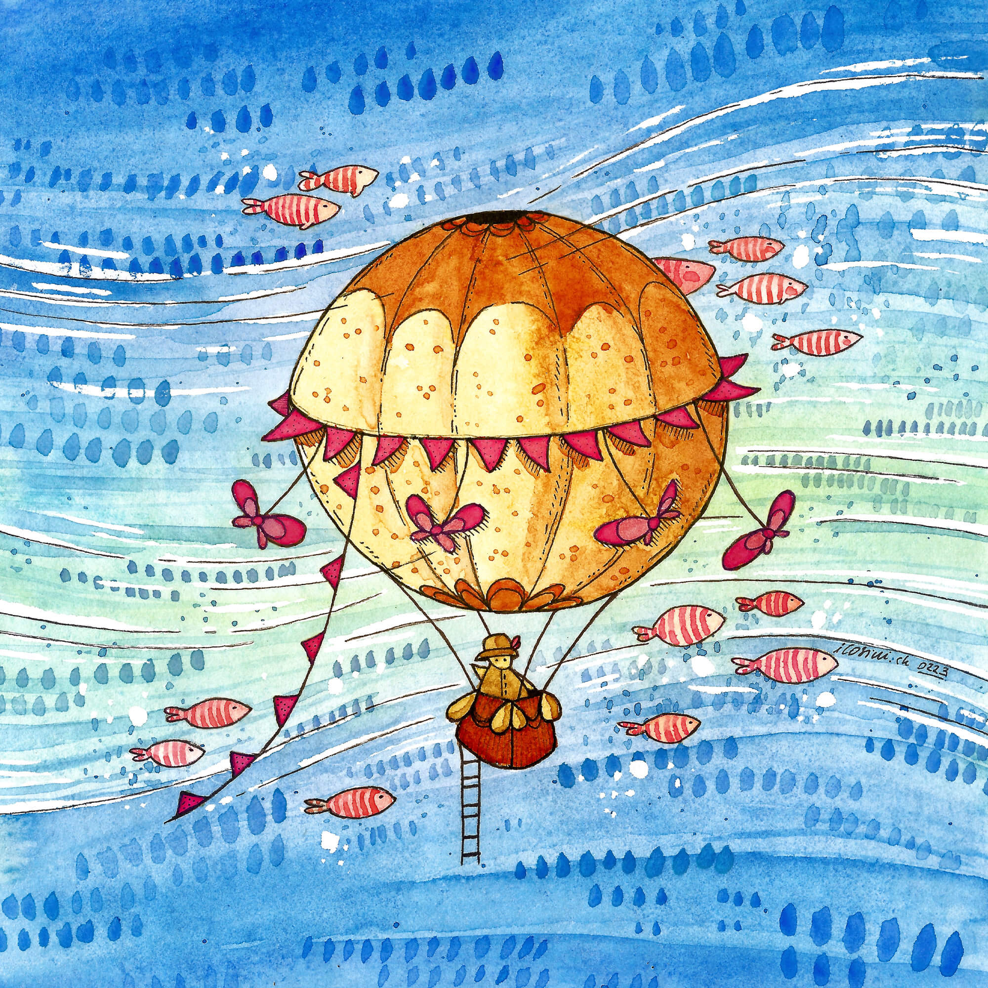 Illustrazione su commissione di una mongolfiera che vola tra i pesci