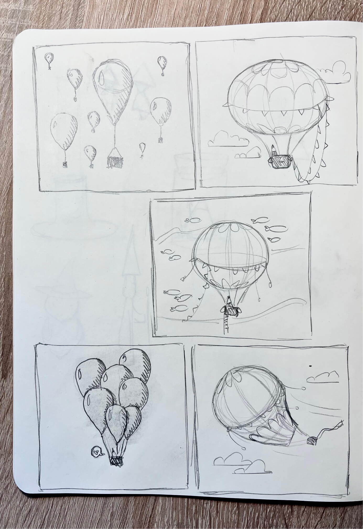 Page with drawn sketches of hot air balloons